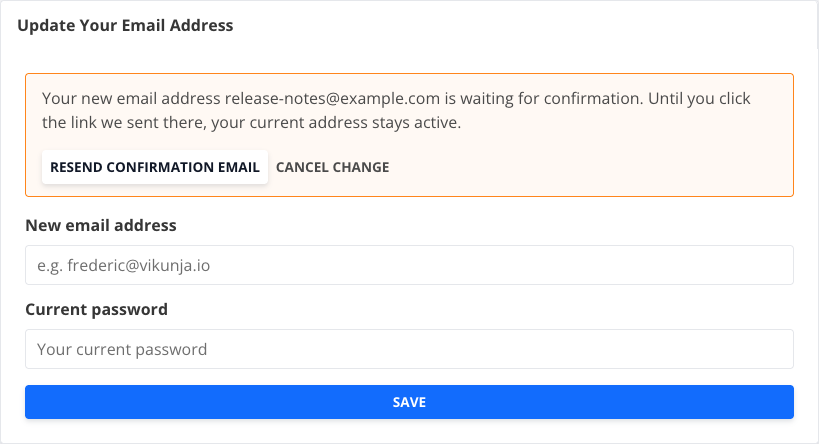 Email settings showing a pending address with buttons to resend the confirmation email or cancel the change