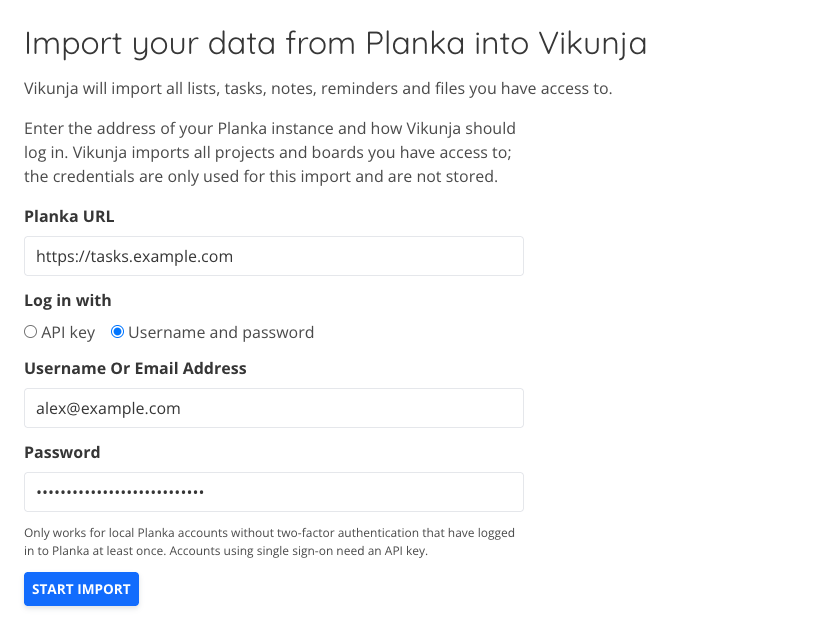 The Planka migration form with fields for the server URL and username and password authentication